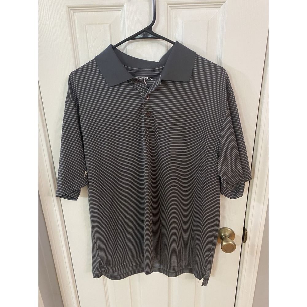 Antigua Polo Shirt Mens Large Gray Striped Desert Dry Xtra-Lite Bamboo Blend